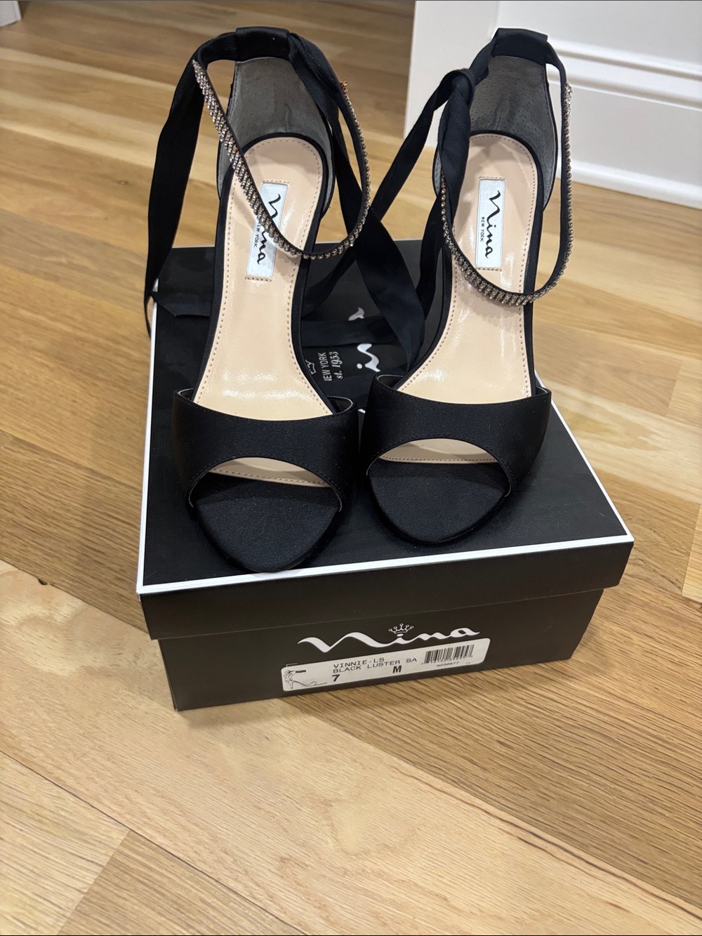 Nina Black Satin Open-Toe Ankle-Tie Heels